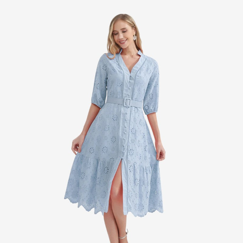 Nancy - Korte Mouwen Jurk met Opstaande Kraag en Knoopsluiting