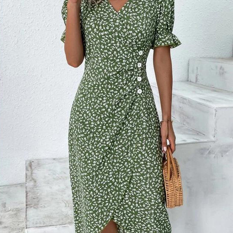 Elena – Bloemige Boho V Hals Jurk met Pofmouwen
