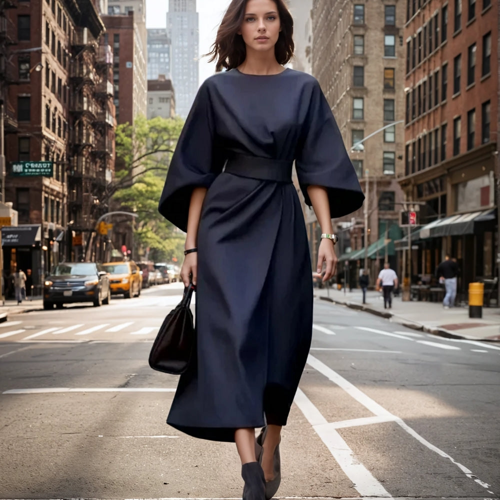 Alira - Elegante midi-jurk met lantaarnmouwen en tailleband