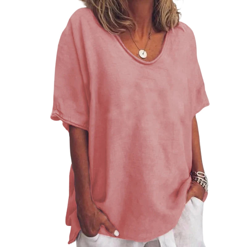 Evelyn - V hals Blouse met Korte Mouwen en Losse Pasvorm