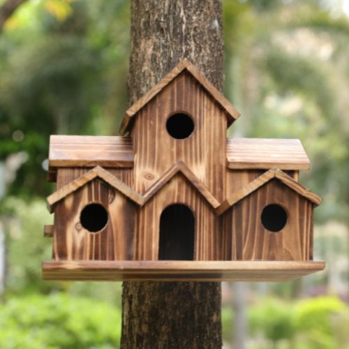 NestHaven - Handgemaakt vogelhuisje met 6 gaten en blokhutontwerp voor tuin en vogels