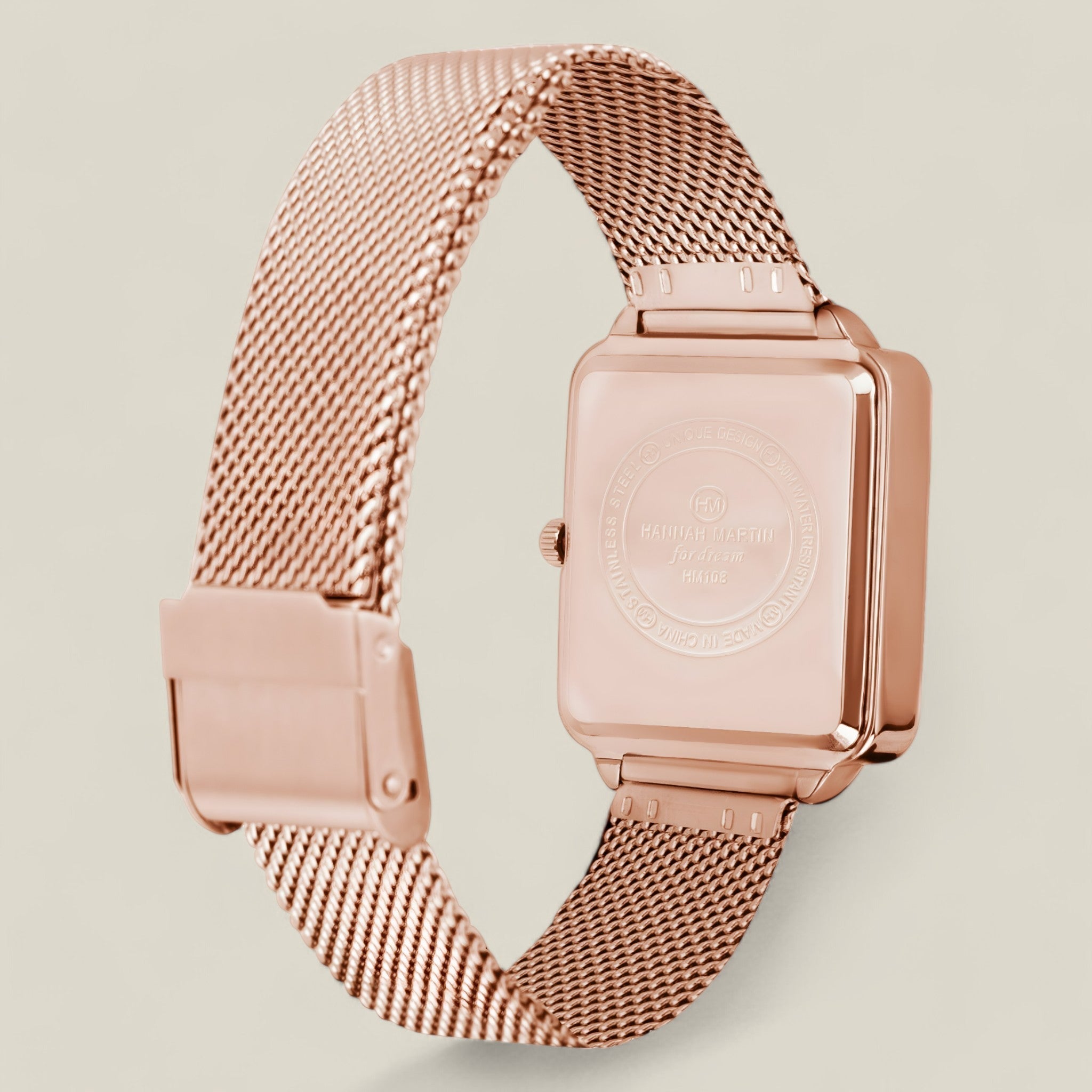 Nora - Tijdloos Rose Goud Vierkant Horloge Met Zwarte Wijzerplaat En Mesh Armband