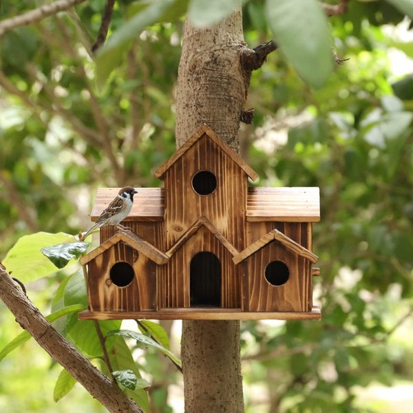 NestHaven - Handgemaakt vogelhuisje met 6 gaten en blokhutontwerp voor tuin en vogels