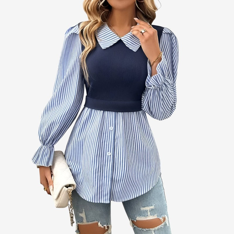 Wilma – Blouse met Lange Mouwen Reverskraag Knoopsluiting en Gestreept Patroon