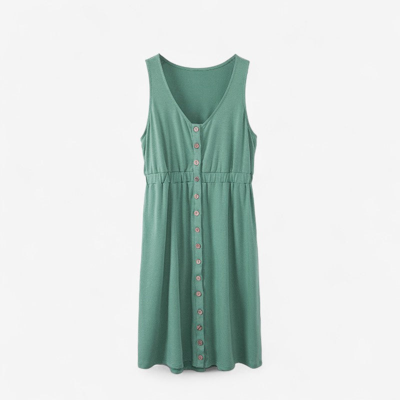 Elena – Mouwloze Mini Jurk met V hals en Knopenaccent