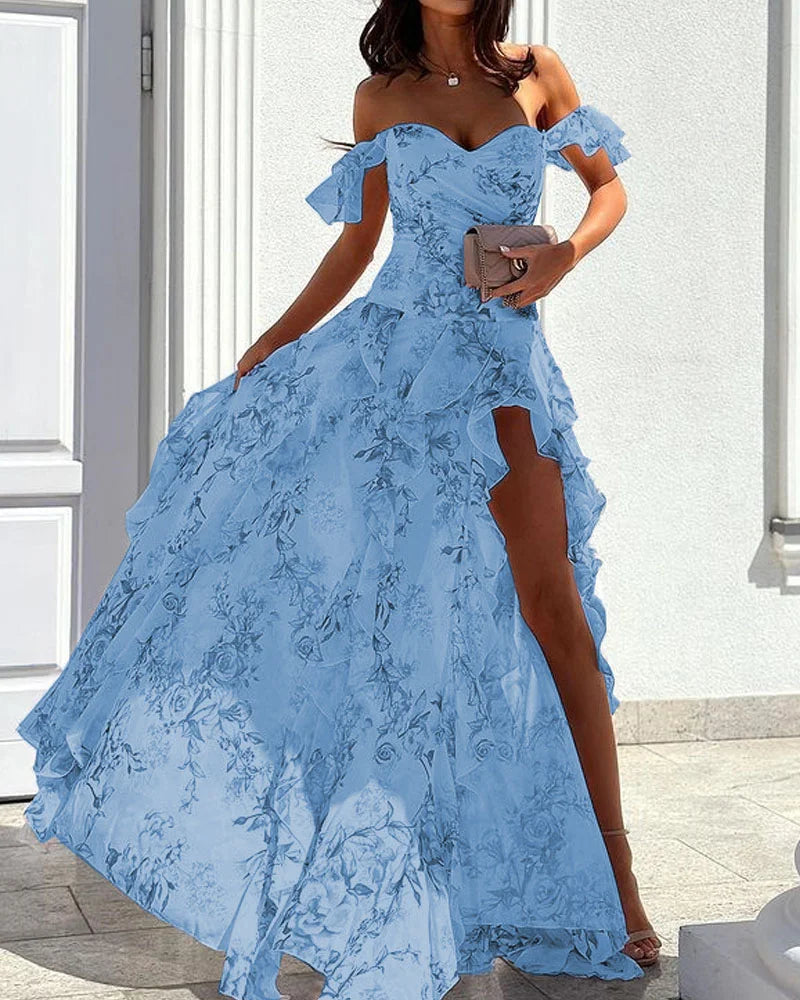 Julia - Off Shoulder Maxi-jurk met zijsplit en ruches