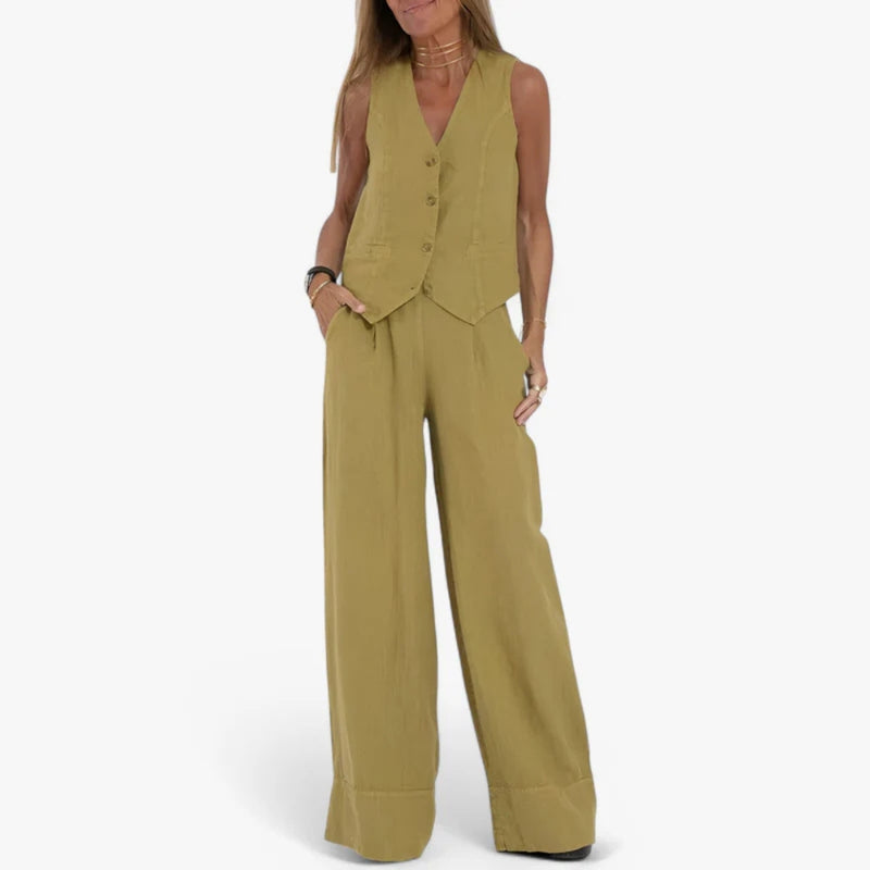 Lina - Elegante tweedelig set met knoopvest en wijde broek