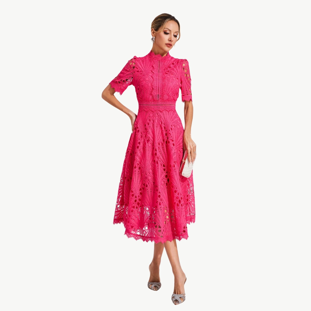 Elizabeth - Kant Jurk met Holle Details Ronde Hals en Middenkuit Lengte