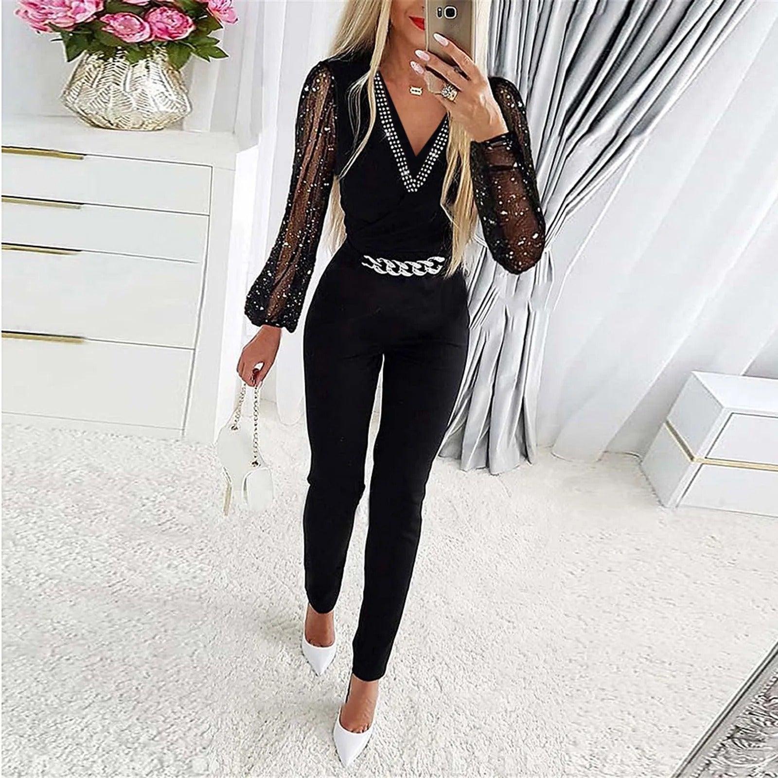 Fiona - Stijlvolle jumpsuit uit één stuk met transparante lange mouwen