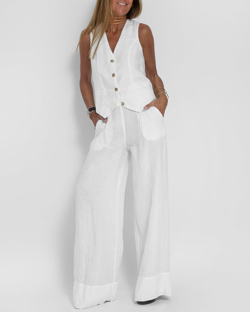 Lena - Elegante 2-delige set met wijde broek & Button-Down vest