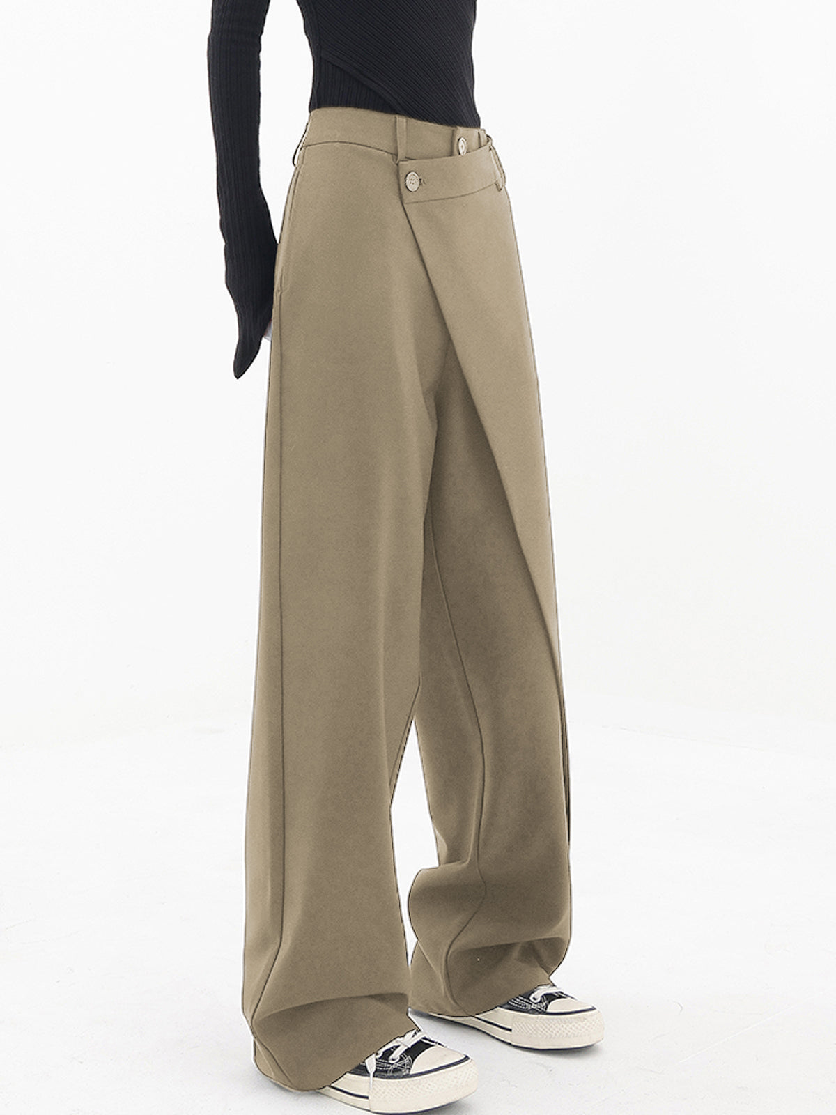 Elara - Asymmetrische broek met wijde pijpen en dubbele knopen