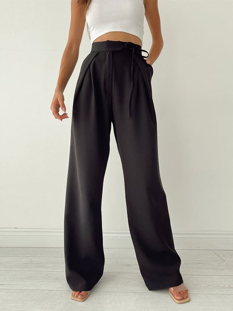 Dany - Broek met wijde pijpen en hoge taille, geplooid ontwerp en trekkoorddetail