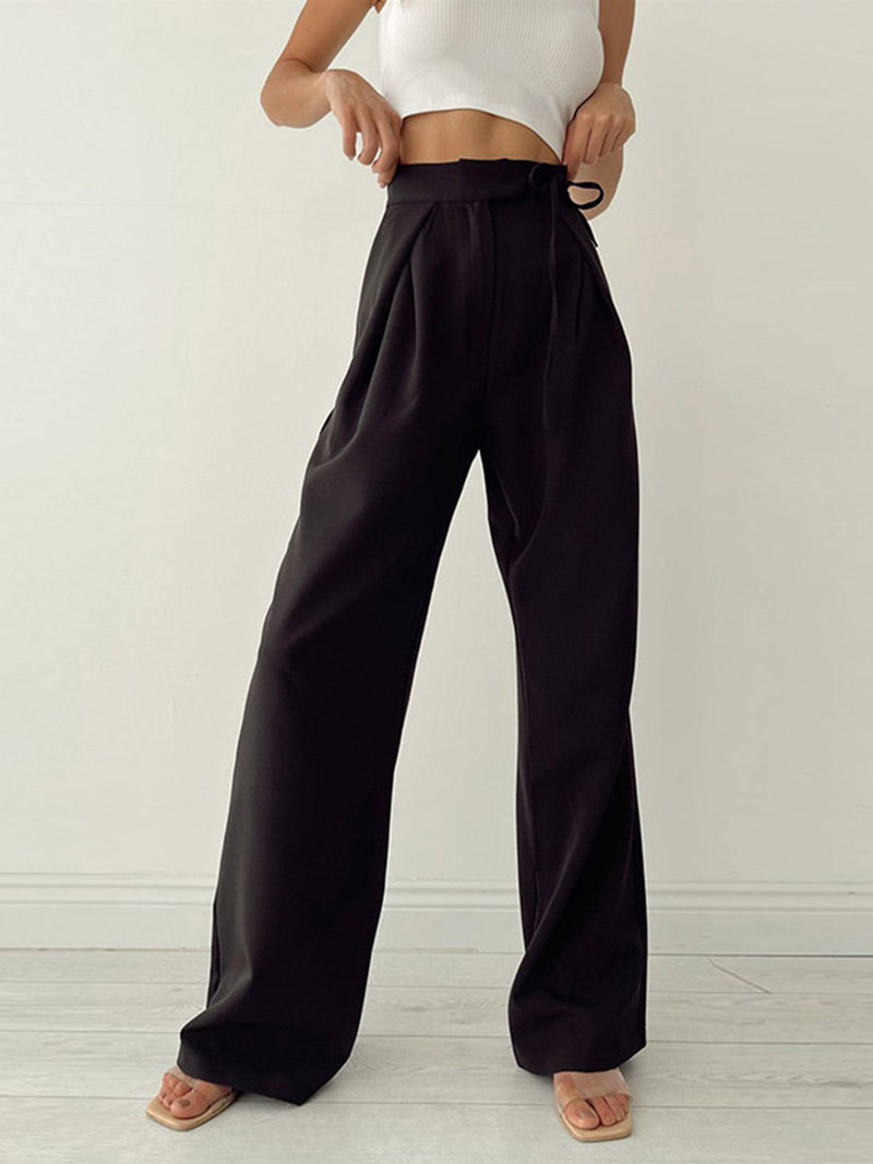 Dany - Broek met wijde pijpen en hoge taille, geplooid ontwerp en trekkoorddetail