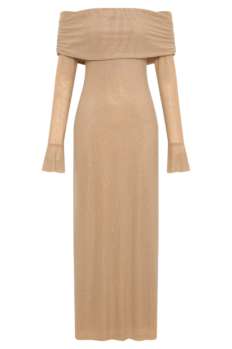 Valentina - Glamoureuze off-shoulder maxi jurk met subtiele glans