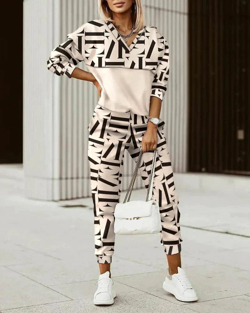 Chloe - Stijlvol Geruit Sweatshirt en Jogger Set met Ziper Hals