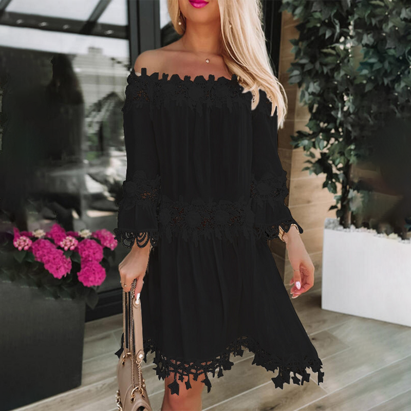 Naina - Elegante off-shoulder jurk met bloemen en kantaccenten