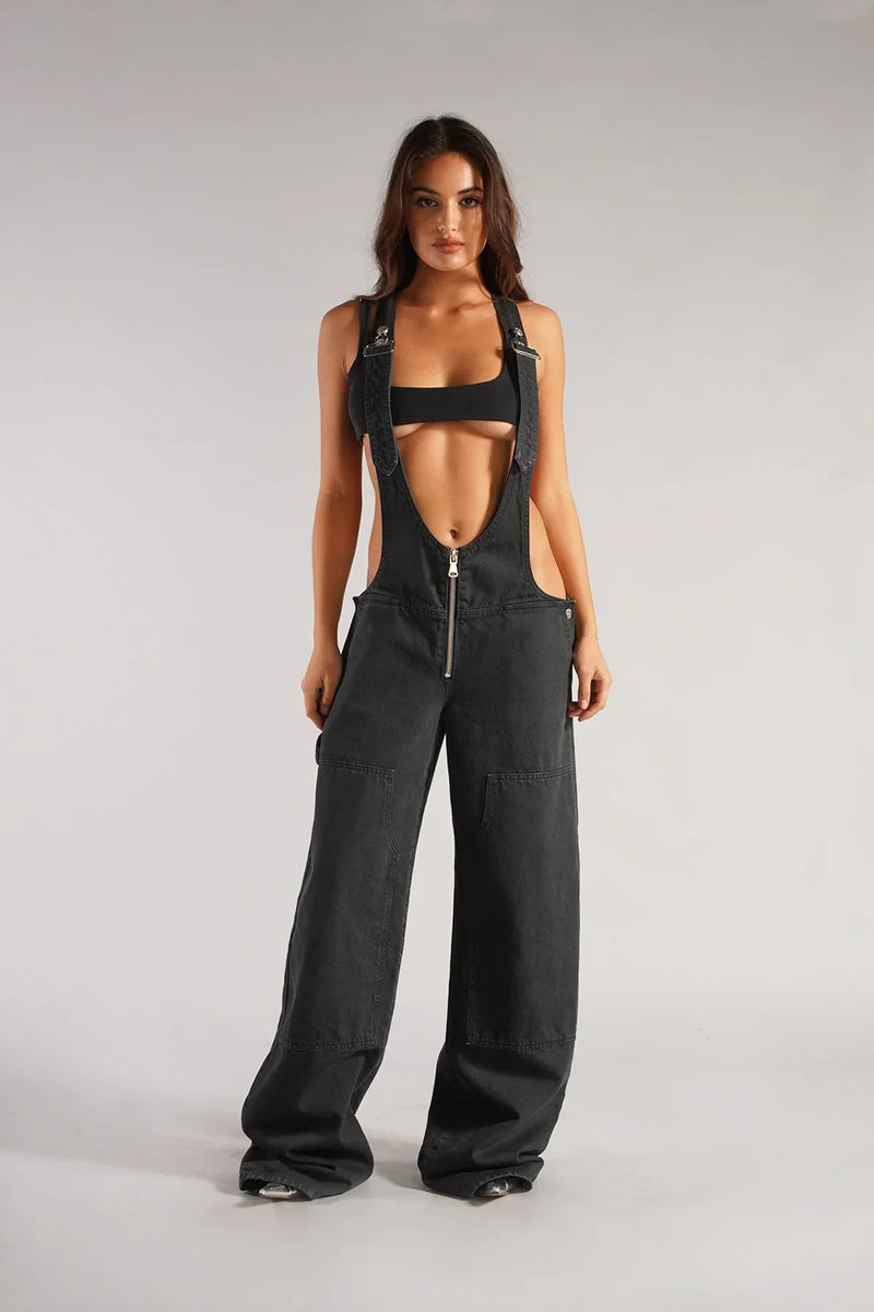 Aria - Chique mouwloze denim jumpsuit met wijde pijpen