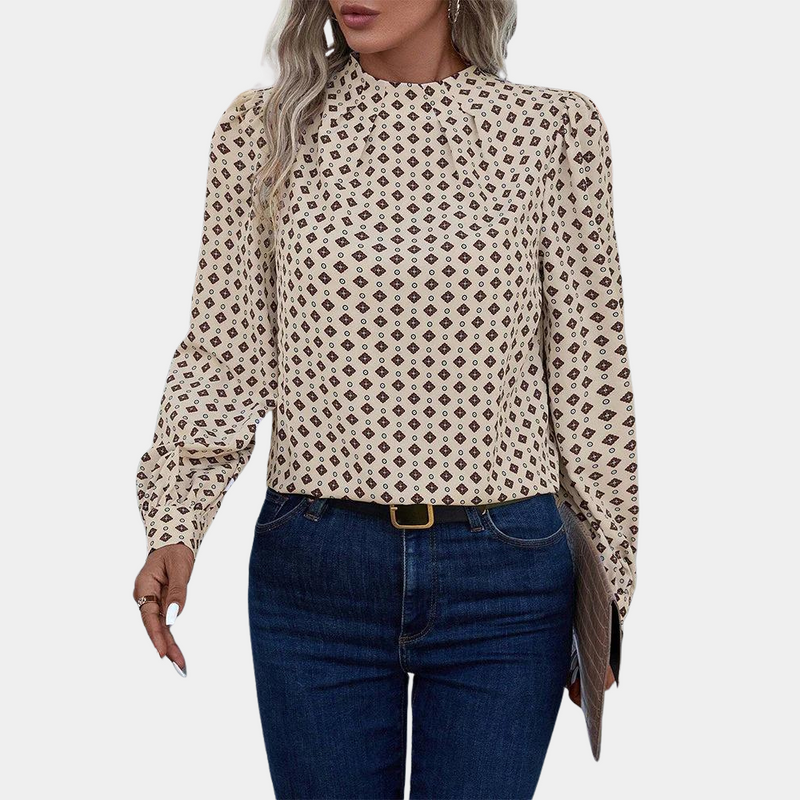 Isabella – Elegante blouse met lange mouwen, hoge hals en geplooide schouders
