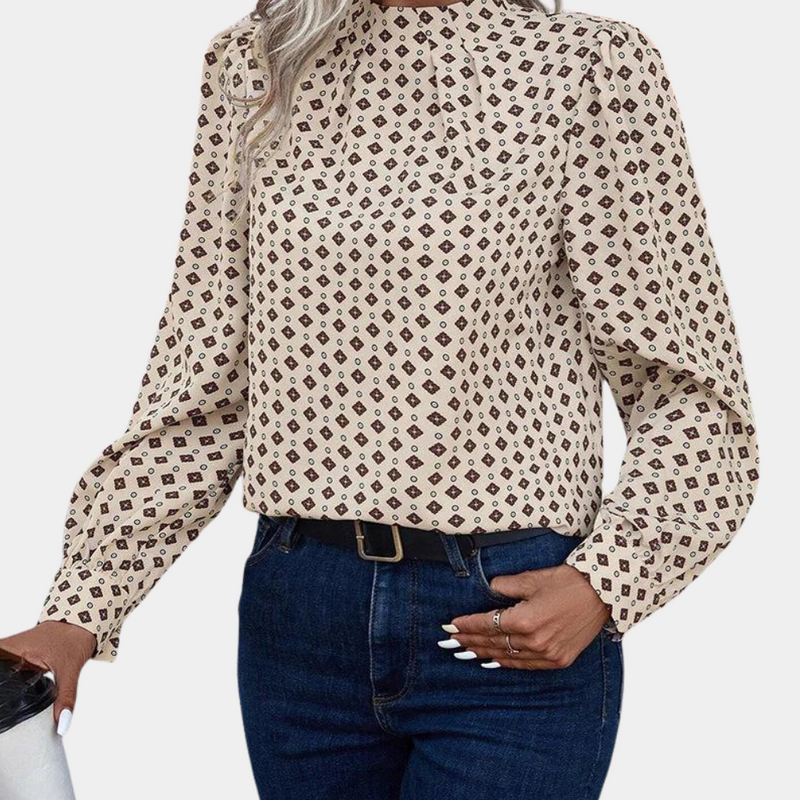 Isabella – Elegante blouse met lange mouwen, hoge hals en geplooide schouders