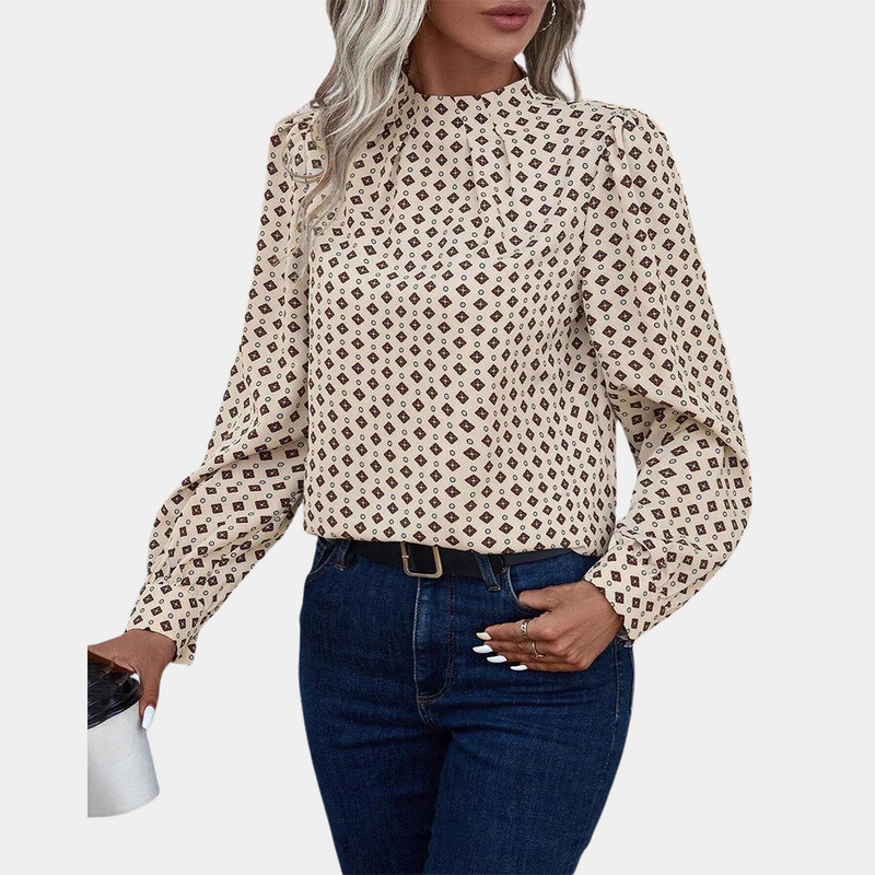 Isabella – Elegante blouse met lange mouwen, hoge hals en geplooide schouders