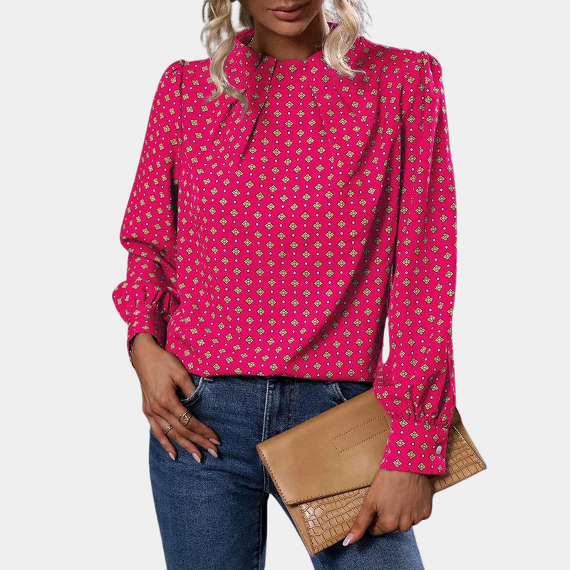 Isabella – Elegante blouse met lange mouwen, hoge hals en geplooide schouders