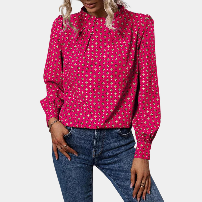 Isabella – Elegante blouse met lange mouwen, hoge hals en geplooide schouders