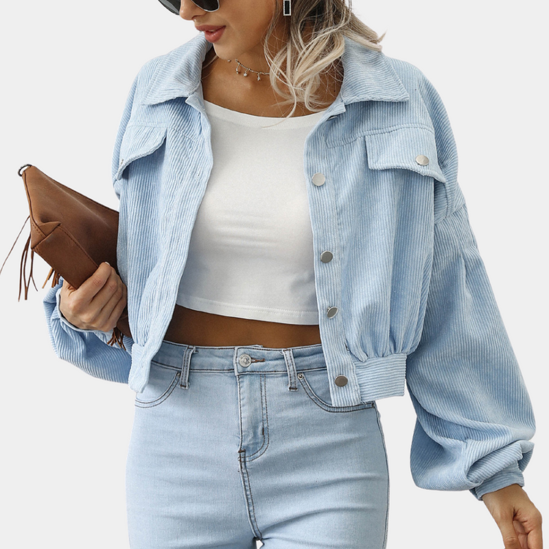 Sienna - Trendy Cropped Corduroy Jas met Gepofte Mouwen en Button-Up Voorkant