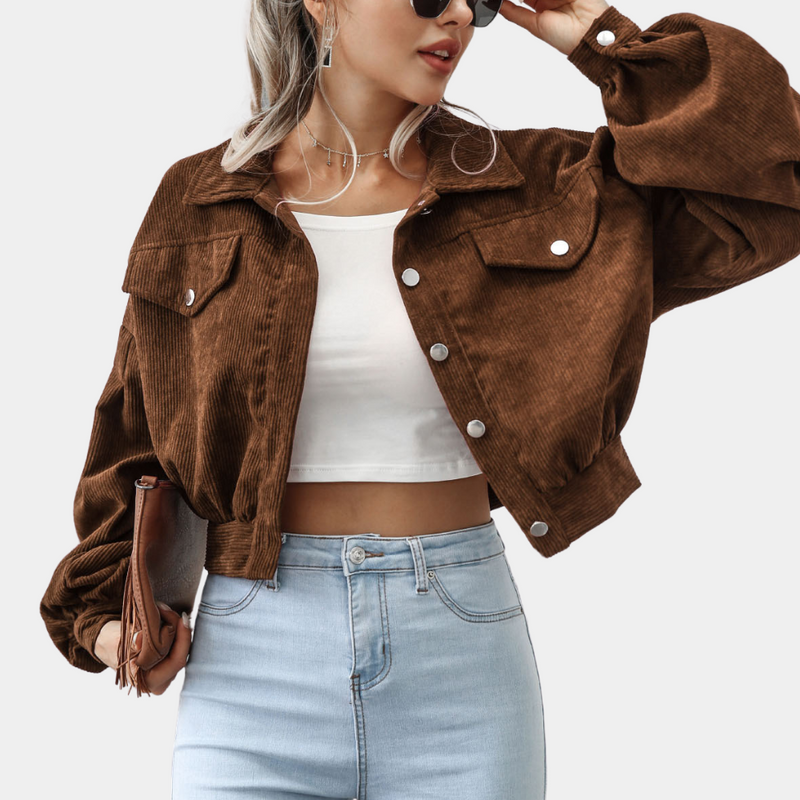 Sienna - Trendy Cropped Corduroy Jas met Gepofte Mouwen en Button-Up Voorkant