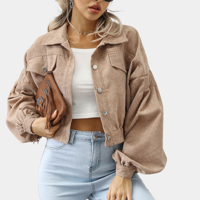 Sienna - Trendy Cropped Corduroy Jas met Gepofte Mouwen en Button-Up Voorkant