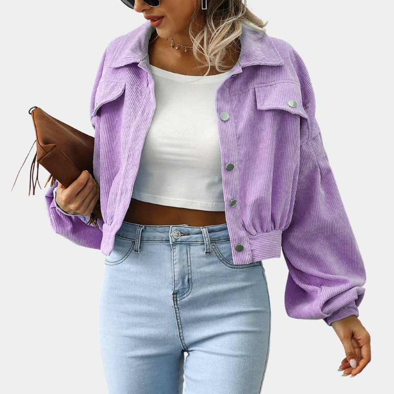 Sienna - Trendy Cropped Corduroy Jas met Gepofte Mouwen en Button-Up Voorkant