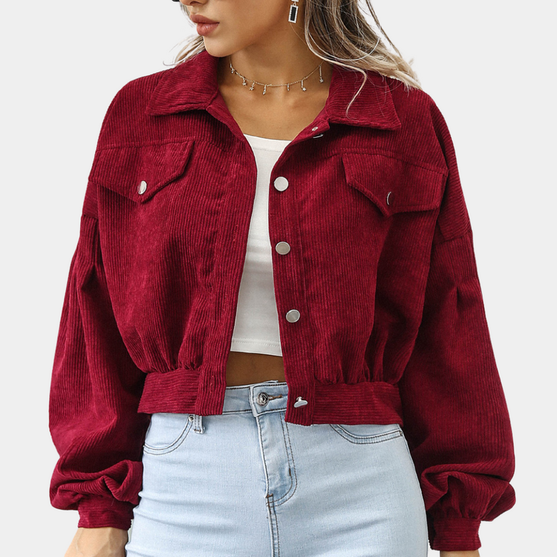 Sienna - Trendy Cropped Corduroy Jas met Gepofte Mouwen en Button-Up Voorkant