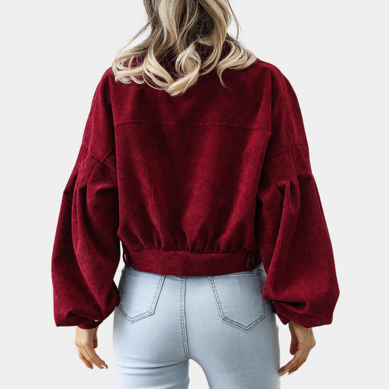 Sienna - Trendy Cropped Corduroy Jas met Gepofte Mouwen en Button-Up Voorkant