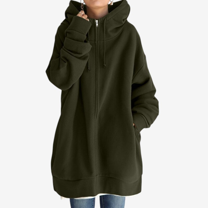 Aria – Lange Mouwen Oversized Hoodie met Ritssluiting en Geribbelde Details