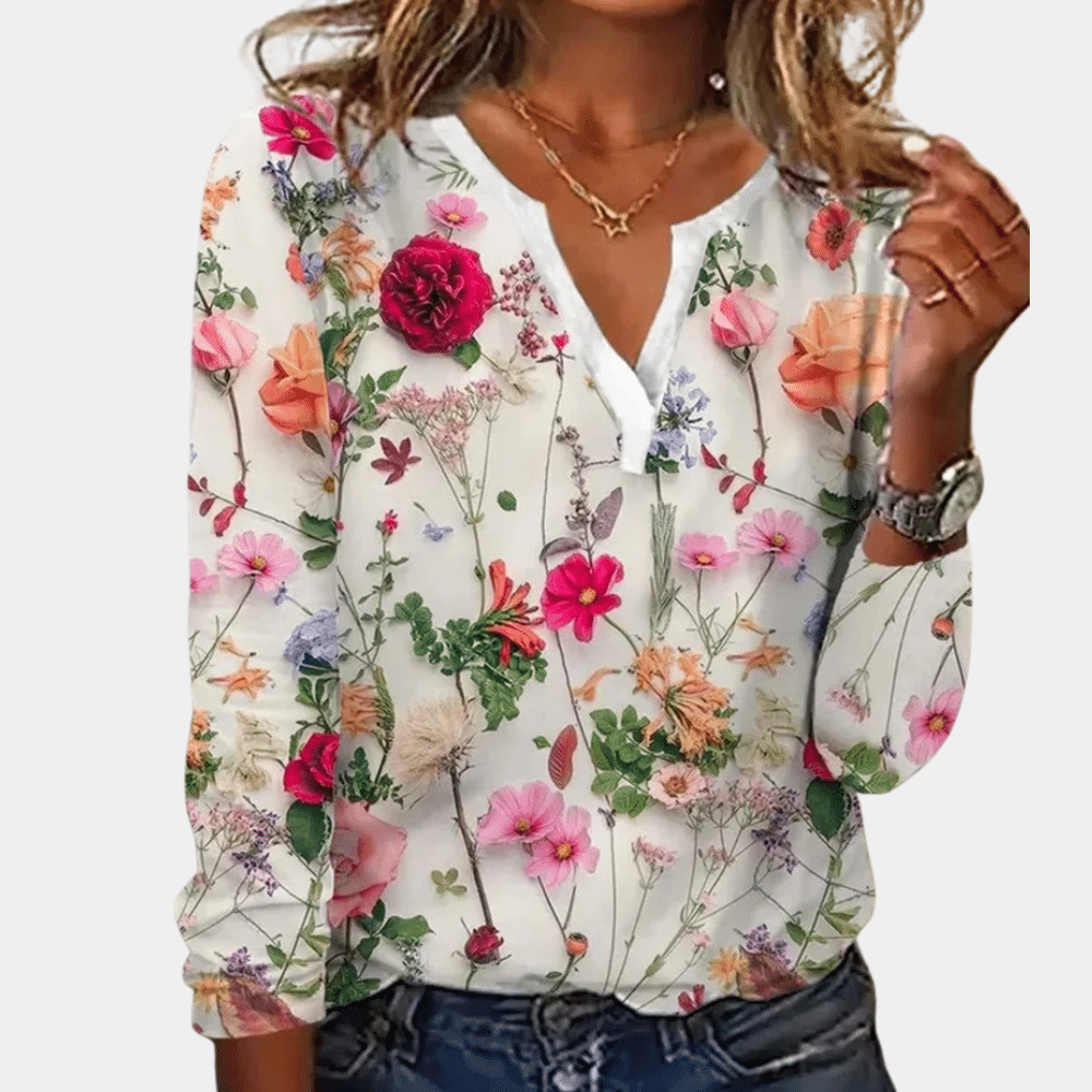 Grace – Trendy Bloemenprint Blouse met V-hals en lange mouwen