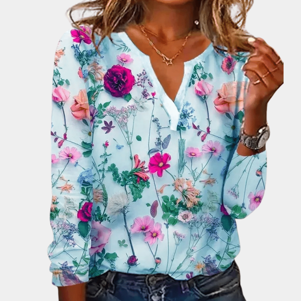 Grace – Trendy Bloemenprint Blouse met V-hals en lange mouwen