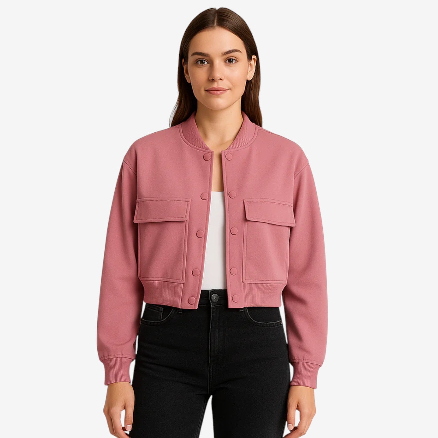 Isabella – Polyester Aviator Jacket met Geribde Manchetten en Voorsluiting