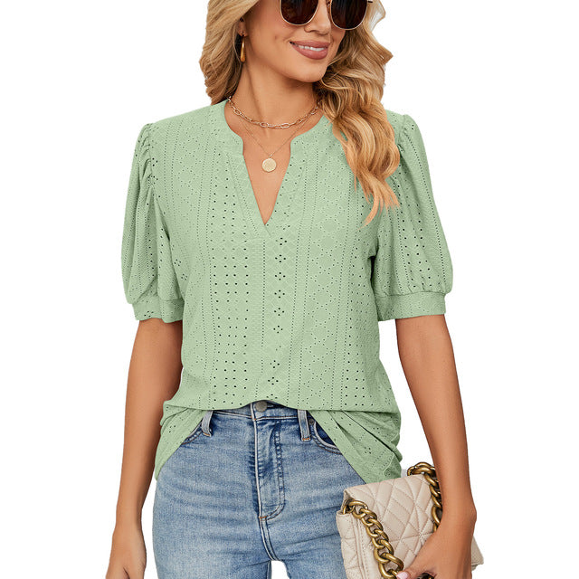 Rena - Gepofte mouwen blouse met V-decolleté