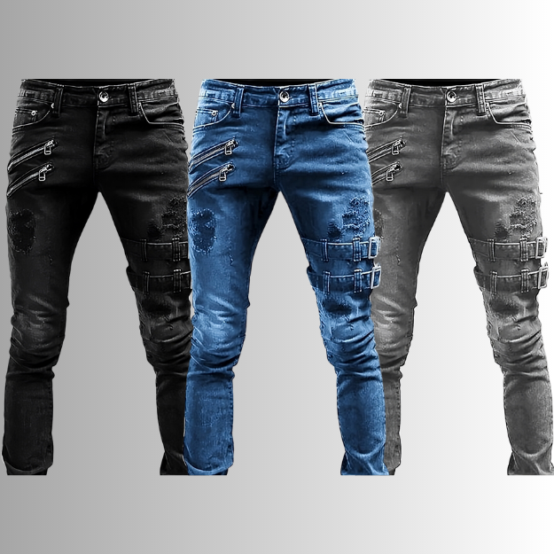 Axel - Distressed Skinny Jeans met ritsaccenten en vet gespriempje