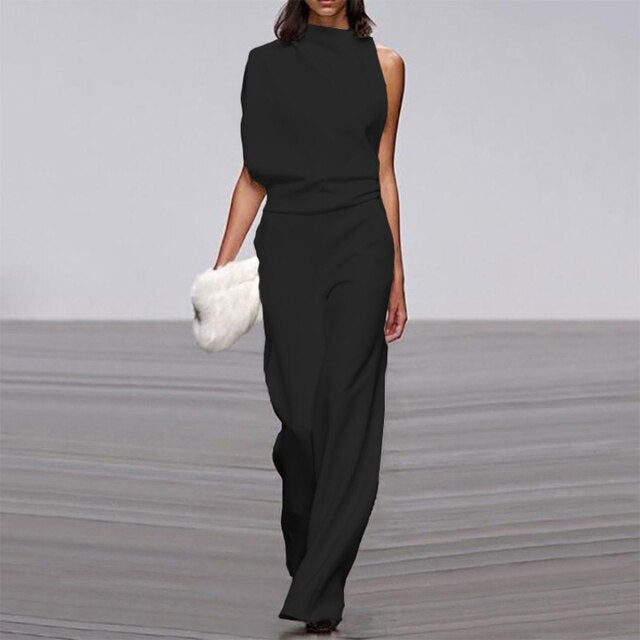 Sophia - Chique asymmetrische jumpsuit met sierlijke broek met wijde pijpen