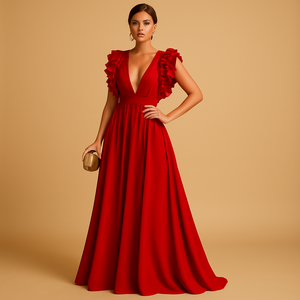 Selene – Elegante jurk met diepe V-hals en geplooide schouderdetails