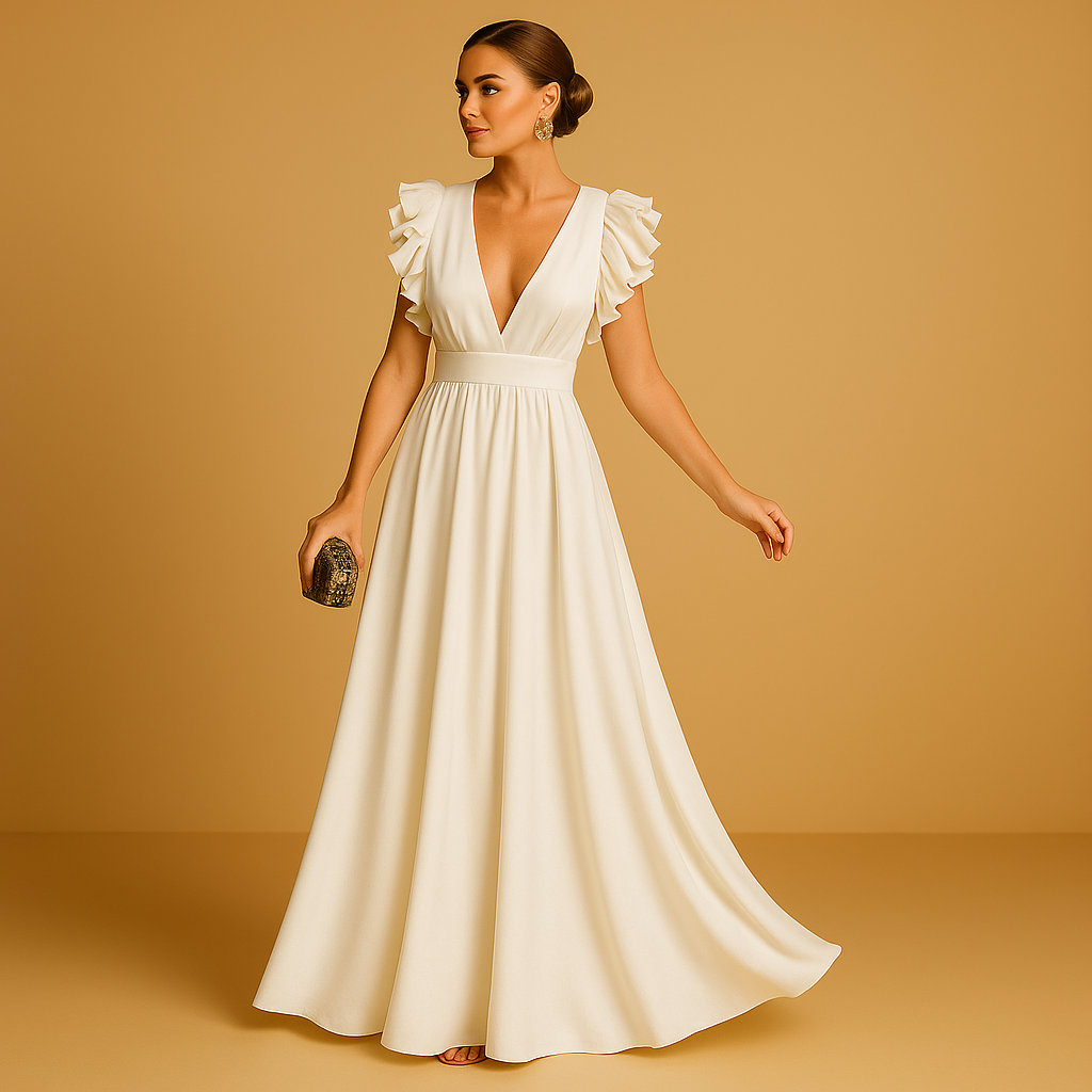 Selene – Elegante jurk met diepe V-hals en geplooide schouderdetails