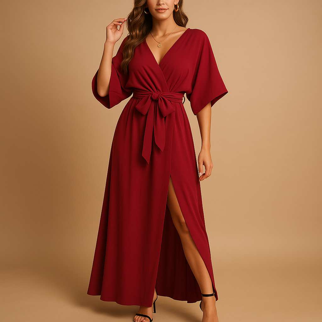 Elira – Elegante V-halsjurk met korte mouwen en gedefinieerde hoge taille