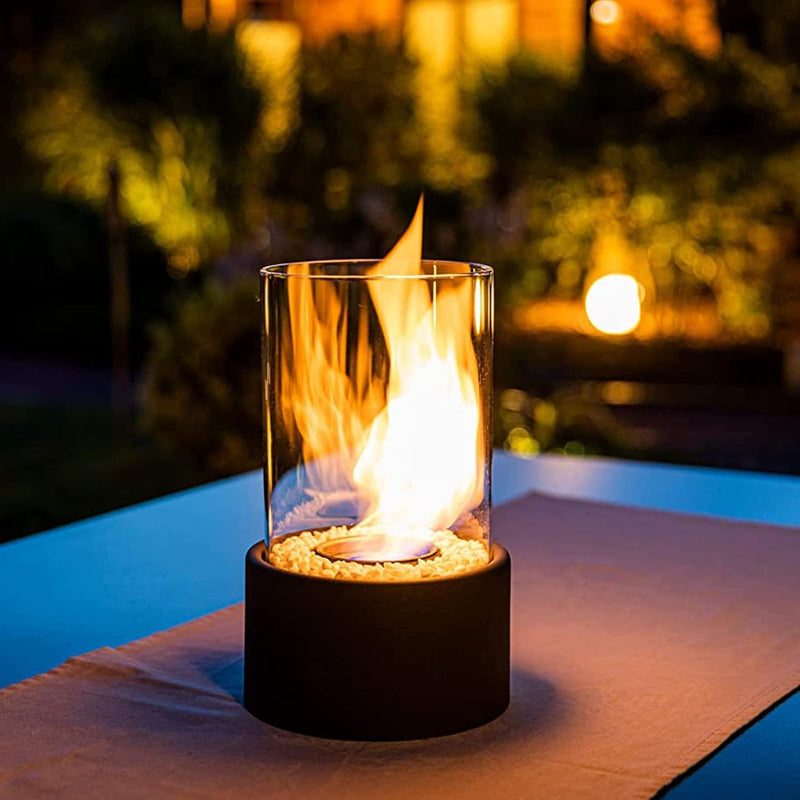 FlameAura - Elegante cilindervormige bio-ethanol haard met modern glas- en steenontwerp