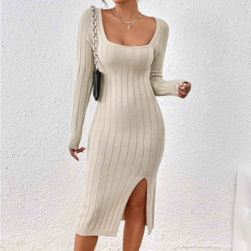 Lena - Elegante midi-jurk met vierkante halslijn en trendy split