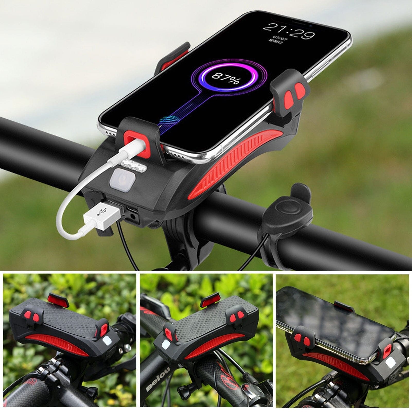 VeloSmart - 4 in 1 fietsapparaat met ledlampje claxon oplader en telefoonhouder