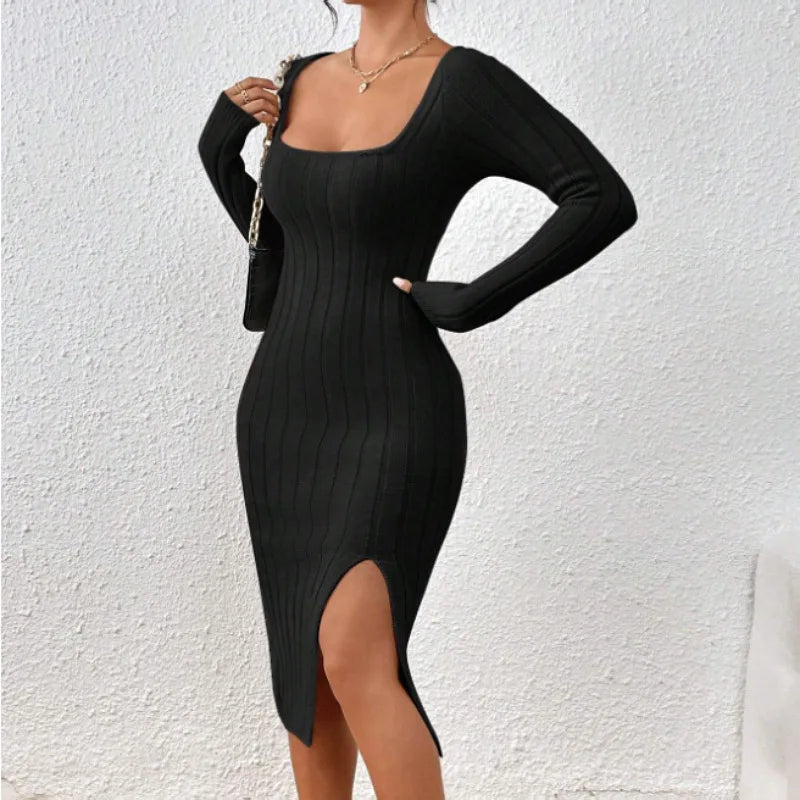 Lena - Elegante midi-jurk met vierkante halslijn en trendy split