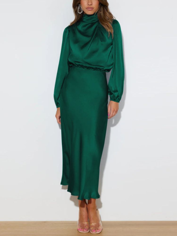 Celeste - Luxe Satijnen Jurk met Lange Mouw en Verstelbare Taille