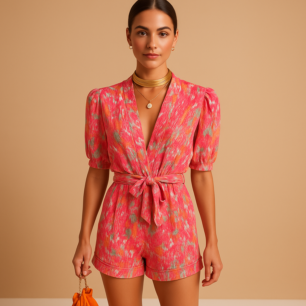 Juna – Moderne korte jumpsuit met diepe V-hals en riem in de taille