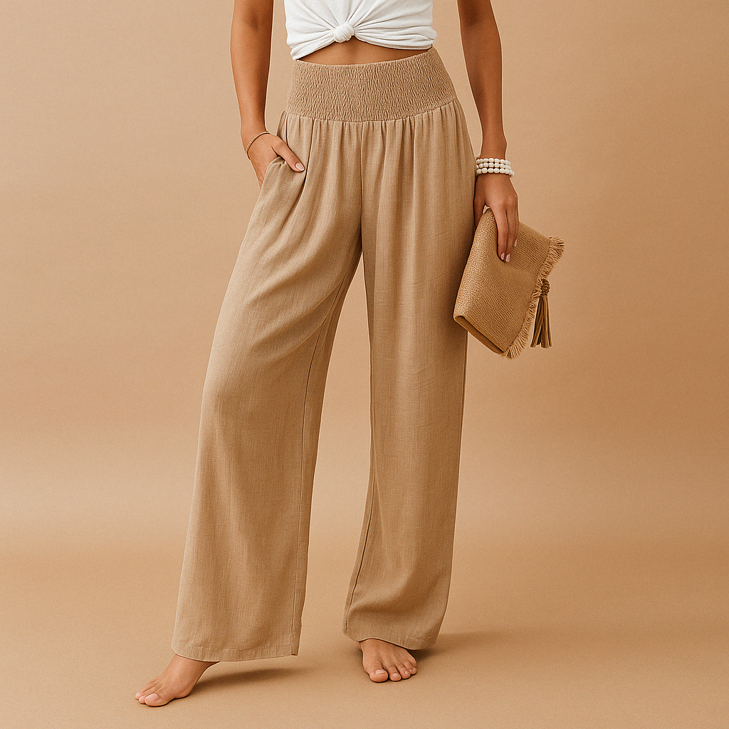Nina – Ontspannen wijde pijpen Broek met gesmokte taille en zijzakken