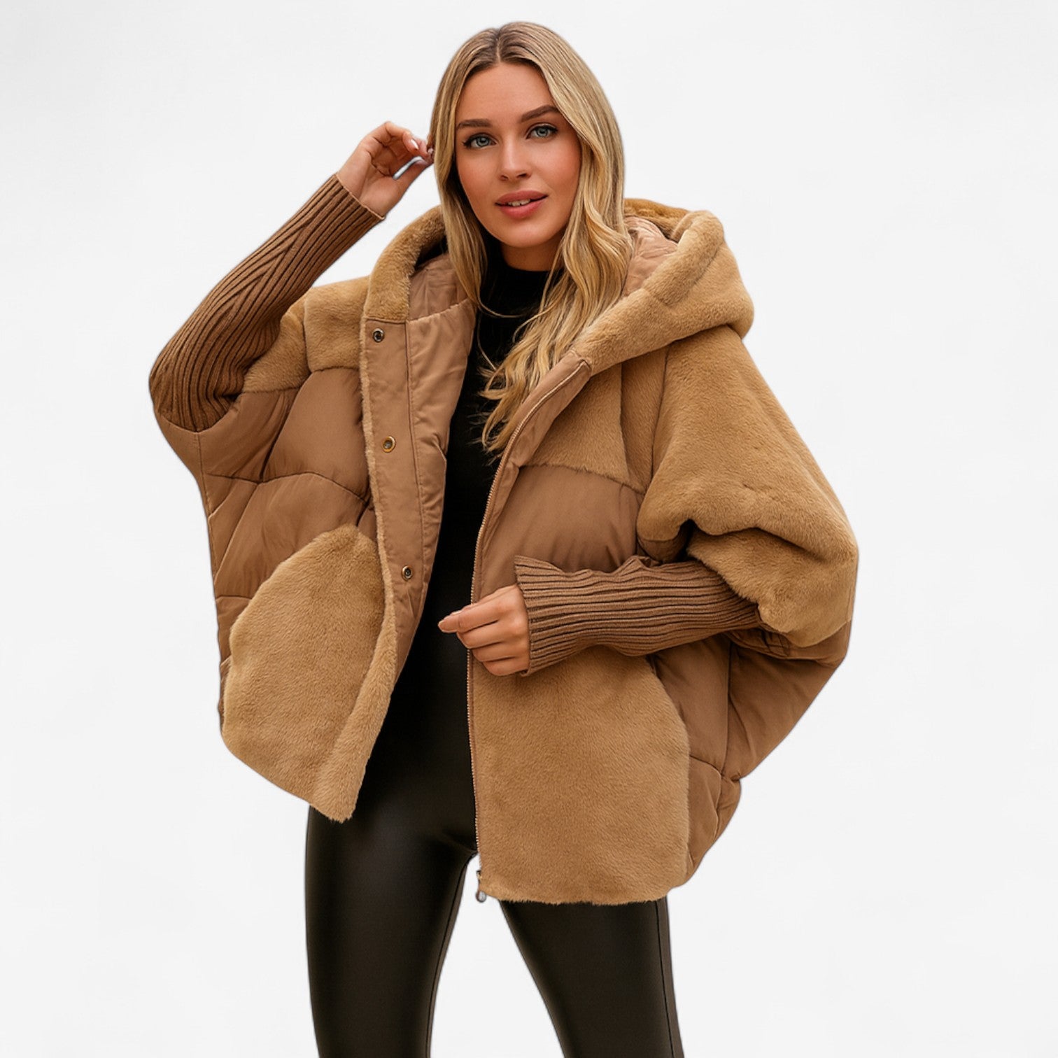 Lunivara – Oversized Gewatteerde Jas met Capuchon en Geribde Manchetten